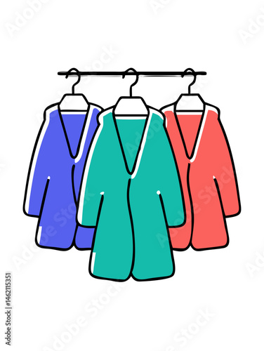 Colorful jackets displayed on hangers at a clothing store during daytime