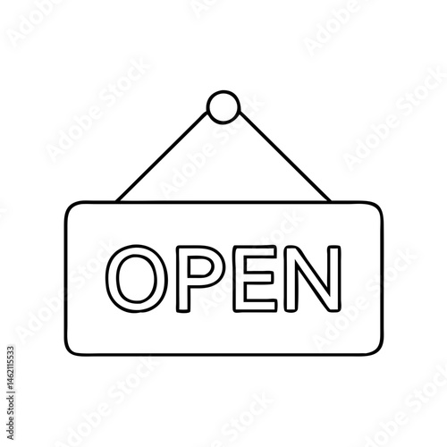 Sign indicates business is open, welcoming customers during daytime in a busy urban area with various shops nearby