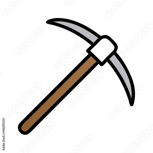 Detailed pickaxe illustration featuring a wooden handle and metal head used for mining or excavation tasks