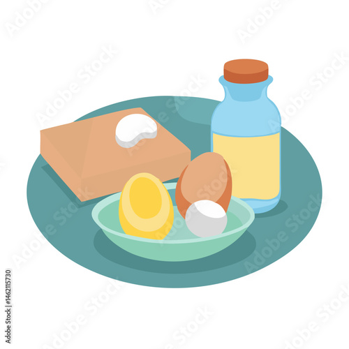 Eggs, cream, and milk in a bowl representing culinary preparation for a delicious breakfast at home