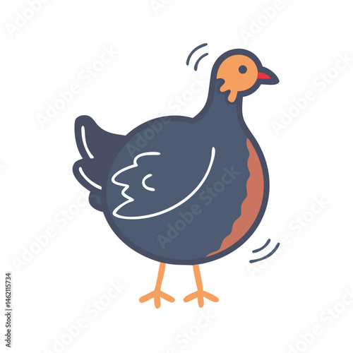 Colorful cartoon illustration of a vibrant bird standing in a cheerful pose at a lively farm setting