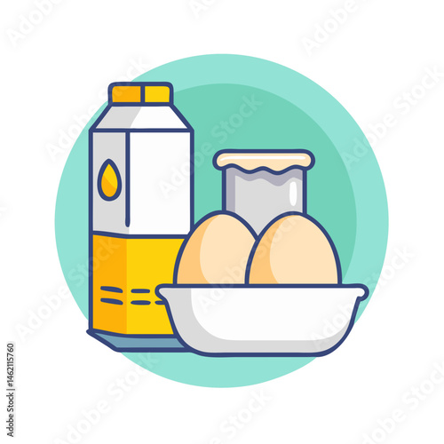 Ingredients for a delicious breakfast including milk, eggs, and yogurt displayed on a pastel background