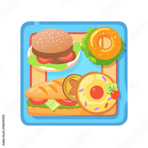 Colorful lunch box with tasty sandwich, hamburger, donut, and fruit slice displayed on a blue background