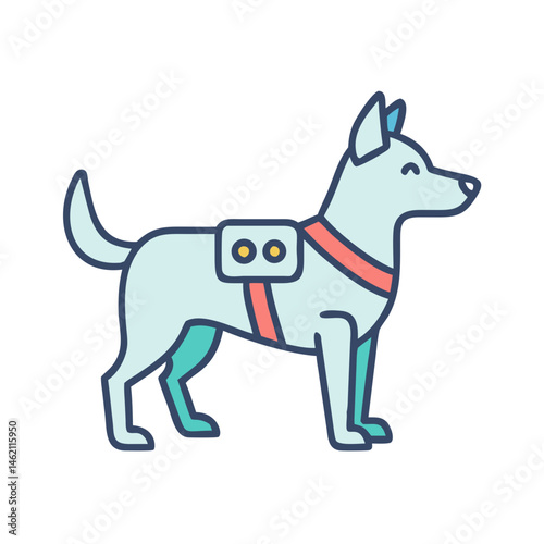 Graphic of a service dog wearing a harness, standing in a supportive pose while looking ahead in a light-colored setting