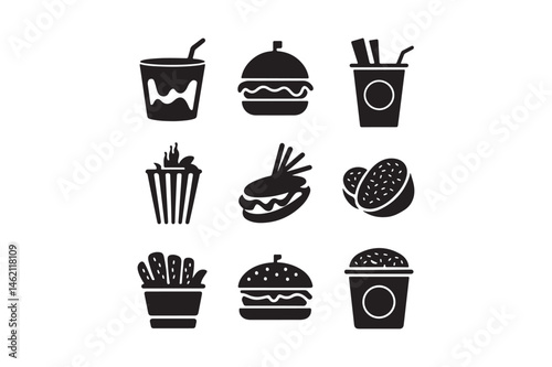 Fast Food Silhouette Icons Set Burger, Fries, Soda, Snack, Popcorn Vector Clipart Bundle