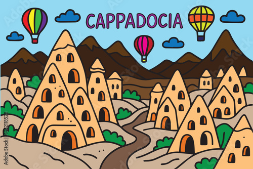 A colorful vector doodle showcases Cappadocia’s landscape with fairy chimneys, cave houses, and vibrant hot air balloons floating across the sky.


