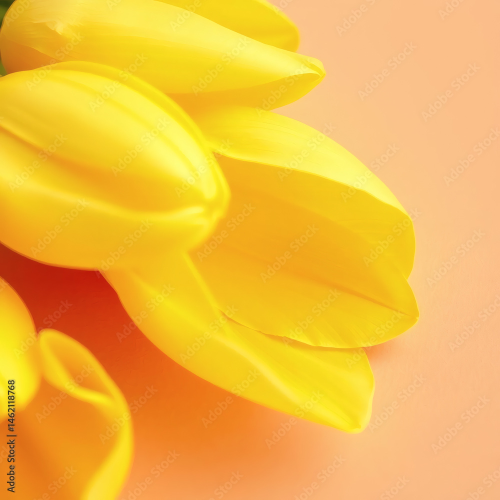 Obraz premium Yellow tulips on soft peach surface greeting card for special occasion