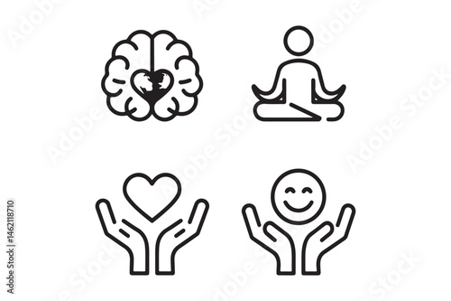 Mental Health Wellness Line Icons Set Meditation, Mindfulness, Self-Care, Happiness Vector Clipart