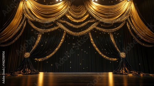 Luxurious stage with gold and black curtains, sparkling lights, and polished floor.