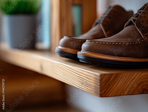 Elegant Brown Leather Shoes Displayed on a Rustic Wooden Shelf