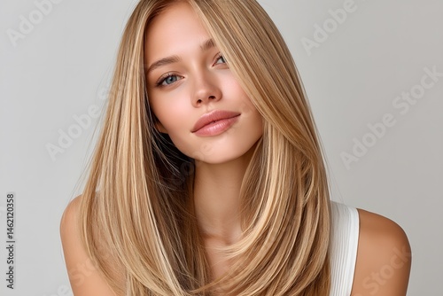 A stunning young woman with long, straight, blonde hair and a soft, natural makeup look that highlights her beautiful features against a minimalist background
