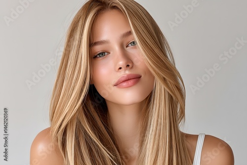 A stunning woman with long blonde hair and clear blue eyes exudes natural beauty against a minimalist white background