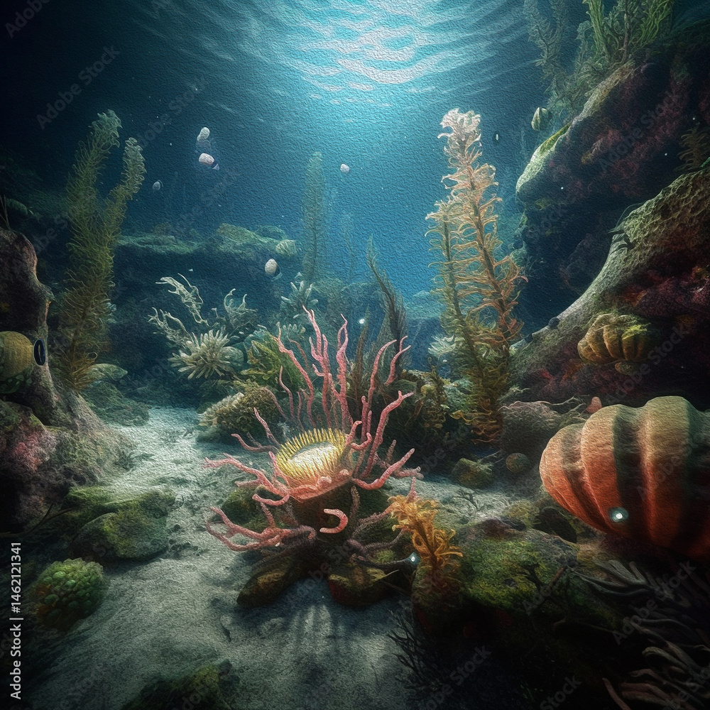 Obraz premium Deep sea bottom world illuminated by surface light, painted nature illustration