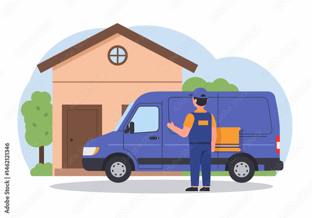 Delivery Van at House Door Service Concept Illustration Delivery Van at House Door Service Concept Illustration
