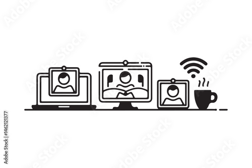 Remote Work and Video Call Icons Online Meeting, Virtual Office, Digital Communication Set