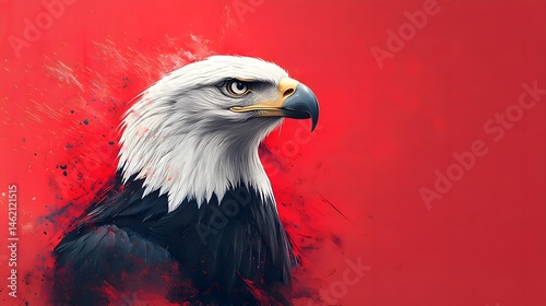 Majestic Bald Eagle Profile Portrait Against Vibrant Red Abstract Background