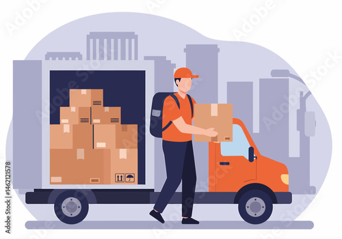 Delivery Man Unloading Boxes From Truck In City