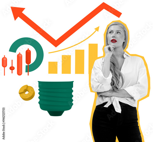 Thoughtful woman inand white stands near colorful financial charts, bar graphs and icons in collage style on isolated white background