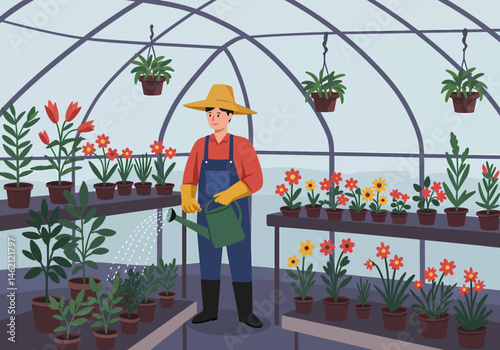 Gardener Watering Plants in Greenhouse Indoor Gardening and Horticulture