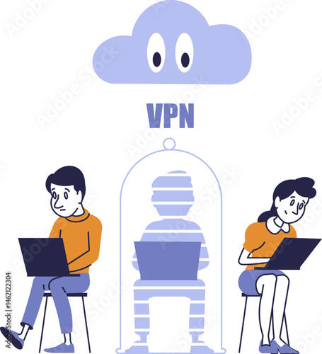 Flat style illustration of VPN protection with hidden user and cloud surveillance concept.