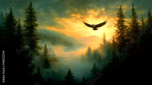 Majestic Eagle Soaring Above Misty Mountain Forest at Sunrise