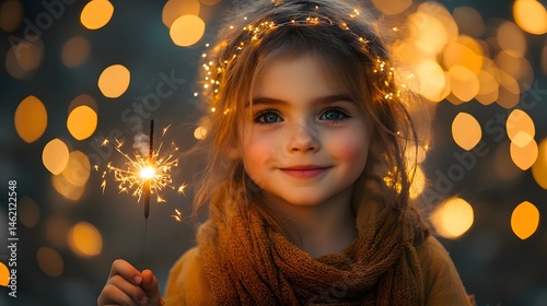 Adorable Girl with Sparkler Festive Lights Magical Holiday Portrait