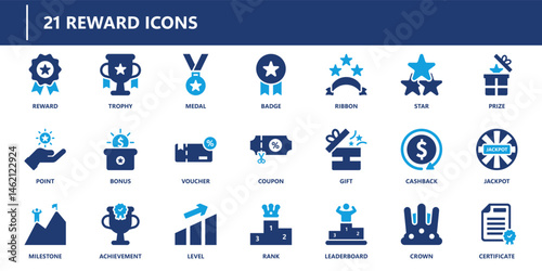 Reward icon collection includes badge, trophy, voucher, bonus, achievement, milestone, and prize icons in solid blue flat style