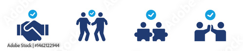 Deal icon collection representing handshake, collaboration, partnership, and agreement using solid flat style with checkmark validation