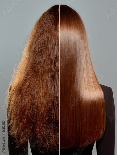 A detailed comparison showcasing the transformation from tangled rough hair to smooth shiny hair highlighting the effectiveness of hair treatment