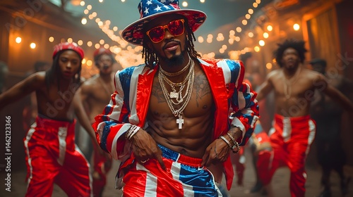 Confident Black Male Model in Patriotic Outfit Posing with Dancers Festive Background