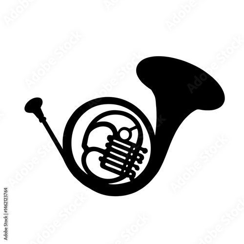 Minimalist black silhouette of a French horn with elegant curves on white background