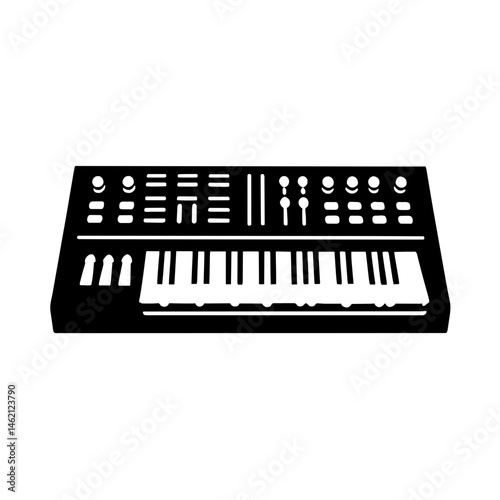 Minimalist black silhouette of a synthesizer on a white background