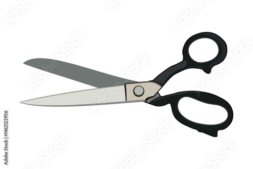 Illustration of a pair of black-handled scissors with sharp blades and shadow