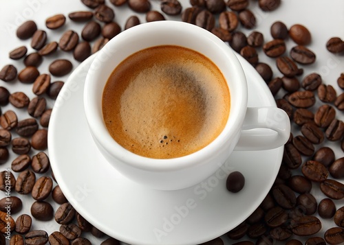 Close-up of espresso in a white cup surrounded by coffee beans.