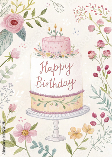 Elegant Birthday Card with Floral Two-Tier Cake and Cursive Text