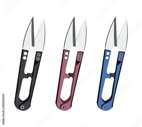 Set of three modern folding knives with colorful handles and sharp pointed blades