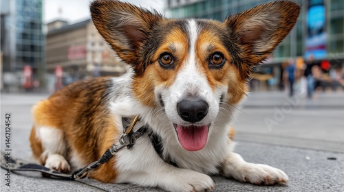 Obraz na płótnie Corgi dog smiles while enjoying a city walk on a sunny day with a leash in a busy urban setting w salonie