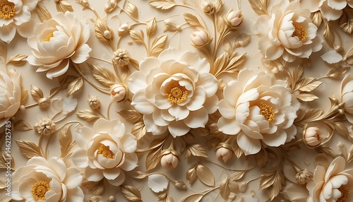 Elegant 3D floral composition with gold leaves and white petals. Luxurious decorative flower arrangement isolated on a beige background.