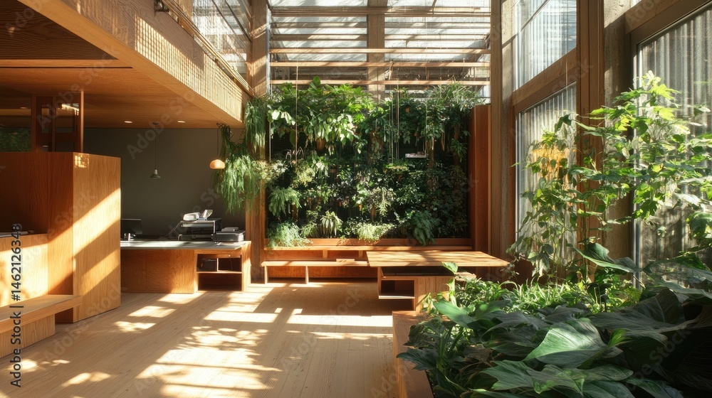 Fototapeta premium Sunlit interior with wooden furniture and a vibrant green wall.