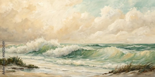Beautiful oil painting of a dramatic seascape depicting crashing waves and clouds