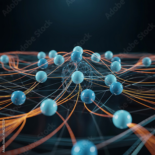 Abstract 3d render of a network structure featuring spheres and connecting lines illustrating data flow