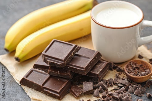 premium quality picture of cluster of bananas with milk on woodenhigh angle view