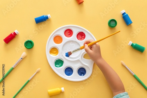 Close up of kids hand mixing acrylic paint on palette A child's hand paints on a palette surrounded by colorful paint bottles on a yellow background.