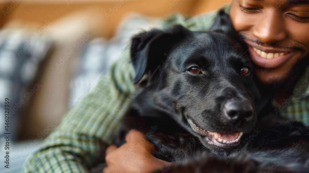 African American man cuddling happy black dog at home, showcasing love and companionship, indoors, day time, lifestyle, pets, bonding, joyful moment
