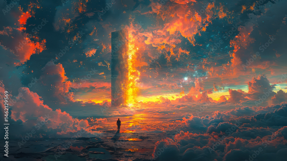 Man Gazing at Floating Monolith at Sunset in Surreal Sky, Digital Art Illustration, Fantasy Concept of Mystery and Exploration