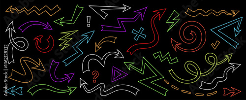Vector cartoon illustration of set of simple different abstract line arrow brush on dark background. Flat doodle style design of collection of neon color various outline marker arrow