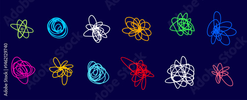 Vector illustration of collection of cartoon abstract pen scribble element on dark background. Flat hand drawn tangle and chaos doodle style. Set of simple different neon scratch pencil line scrawl