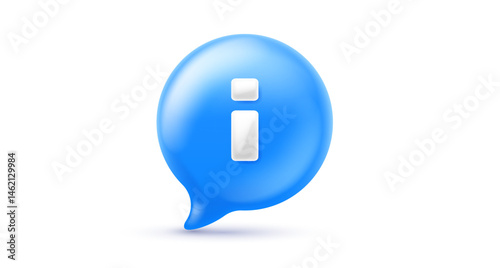 Vector illustration of realistic blue color speech bubble with letter i. 3d cartoon style design of speech bubble with help information. Social media symbol of communication and faq icon