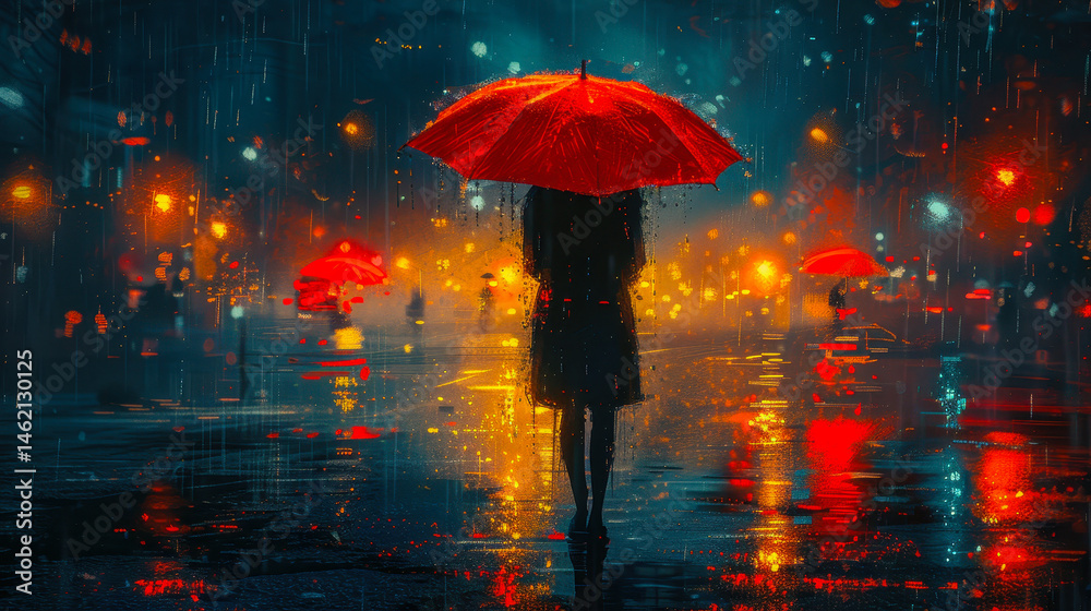 Mysterious Woman with Red Umbrella at Rainy Night in City, Illuminated Streets, Digital Art Style, Illustration Painting