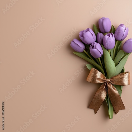 Obraz na płótnie Muted violet tulips arranged with a shimmering copper ribbon on a pale peach background create a charming display for various occasions w salonie